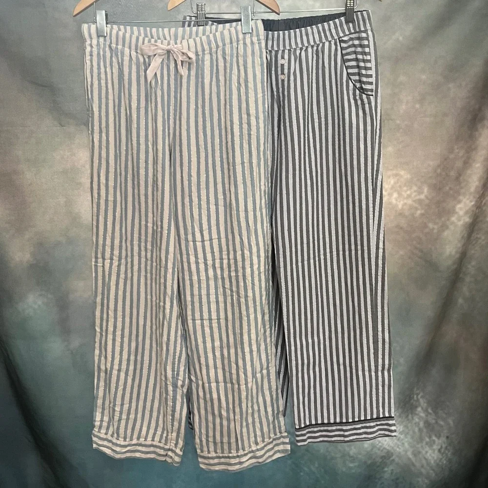 Victorias Secret Striped Pajama Pants Bundle Blue Grey Metallic Lurex Medium 2PK